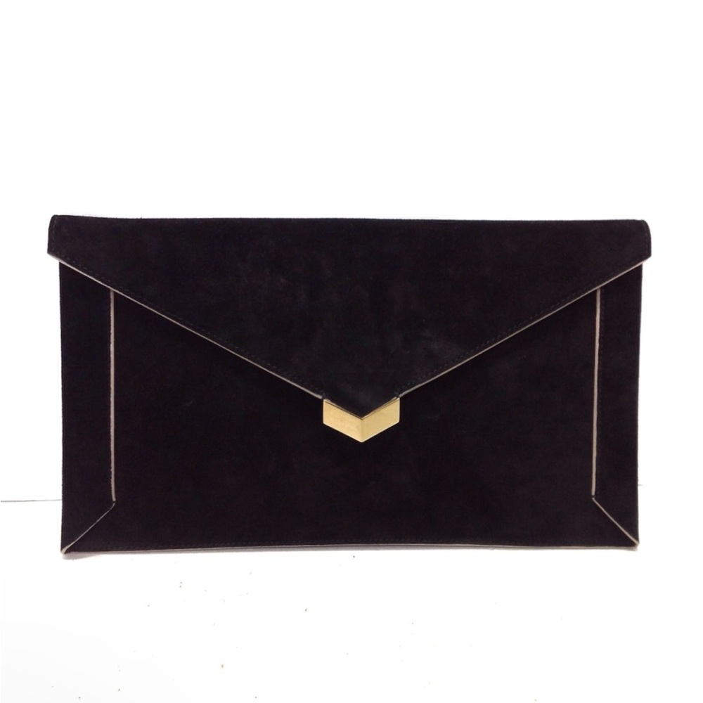 NWT Authentic Jimmy Choo Lauren Black Suede Clutch Bag w/Gold Tone Hardware